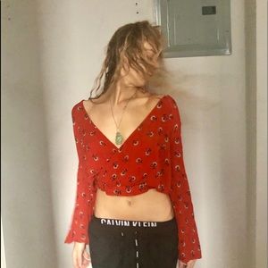 Red top. Floral indie Coachella top.